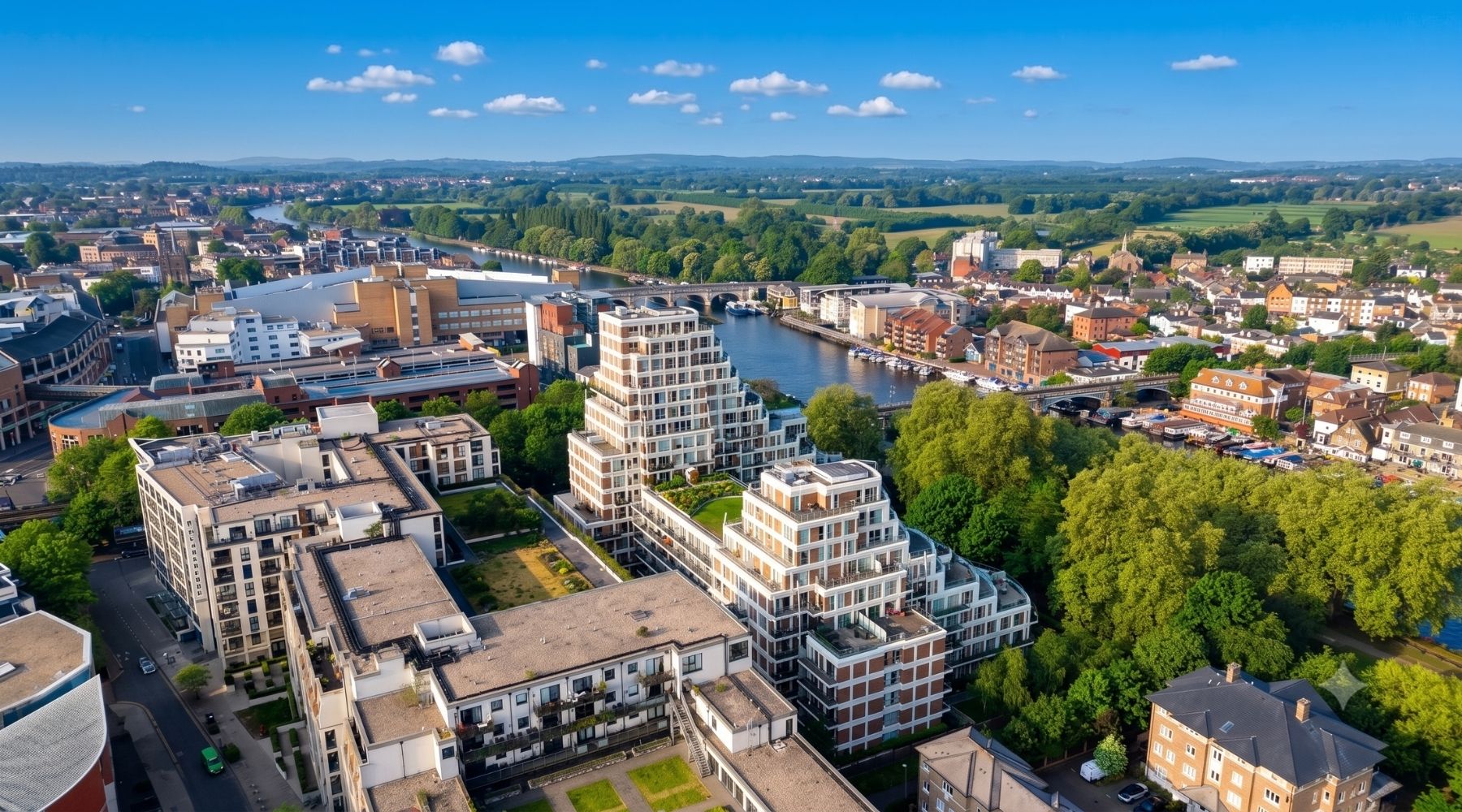 Kingston upon Thames aerial view — the river, town centre, and the Smith Kingston neighbourhood