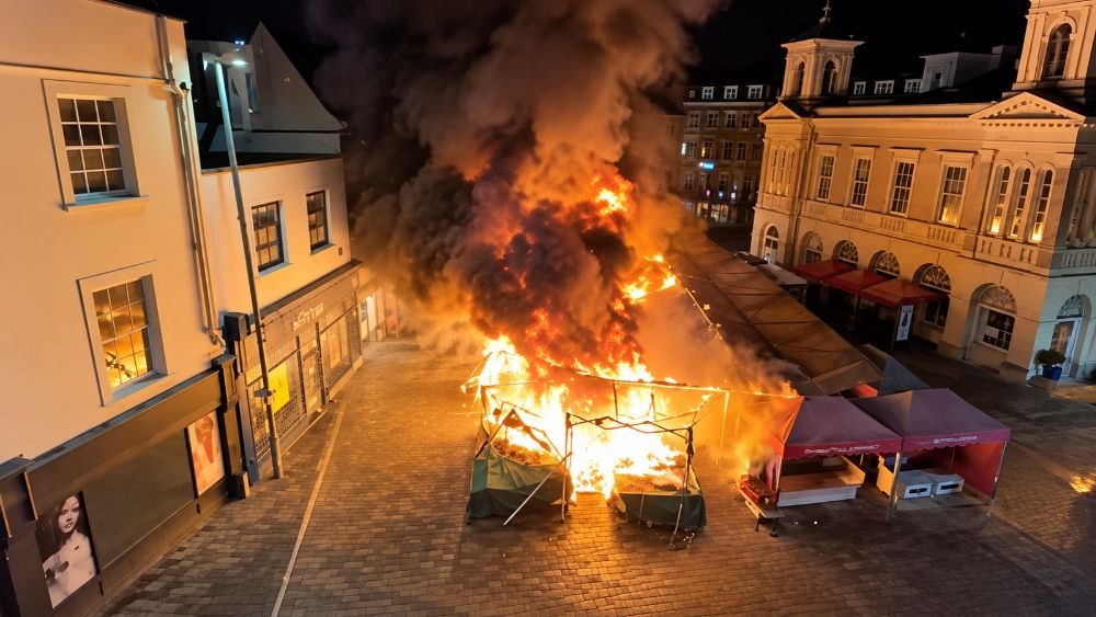 Flames and smoke rising from a market stall in Kingston Market Place during the Kingston Market fire in the early hours of 6 October 2026, with the Market House alongside